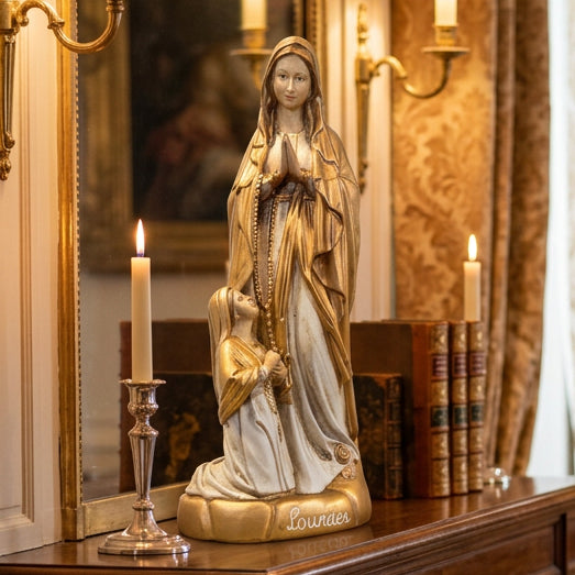 Photo réelle de la Vierge Marie dorée avec Bernadette, taille à confirmer