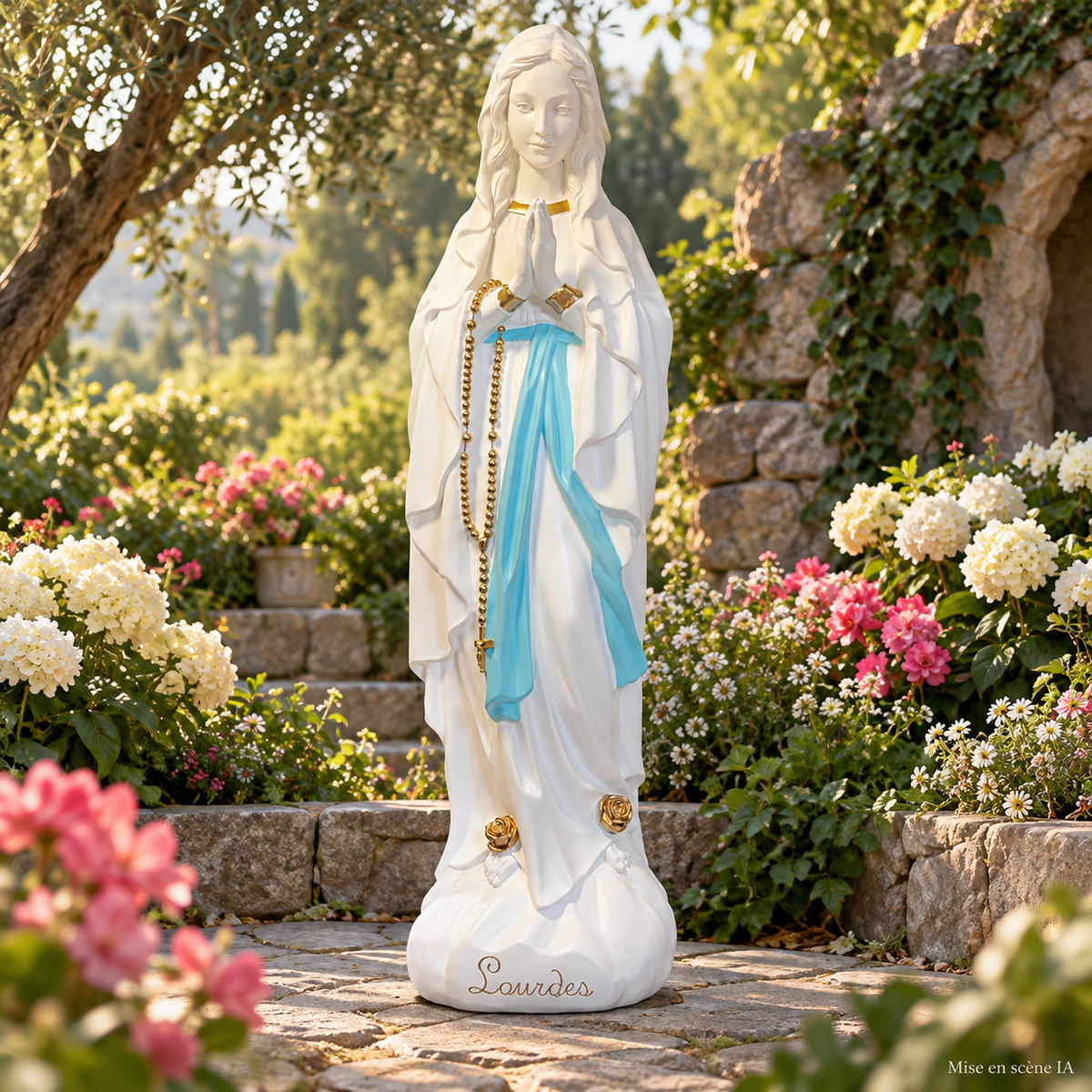 Statue EVNL BB — jardin, mise en scène IA