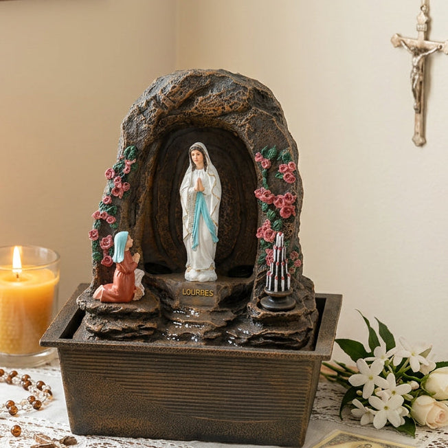 Fontaine LED de Lourdes originale avec Vierge Marie Bernadette et cierges