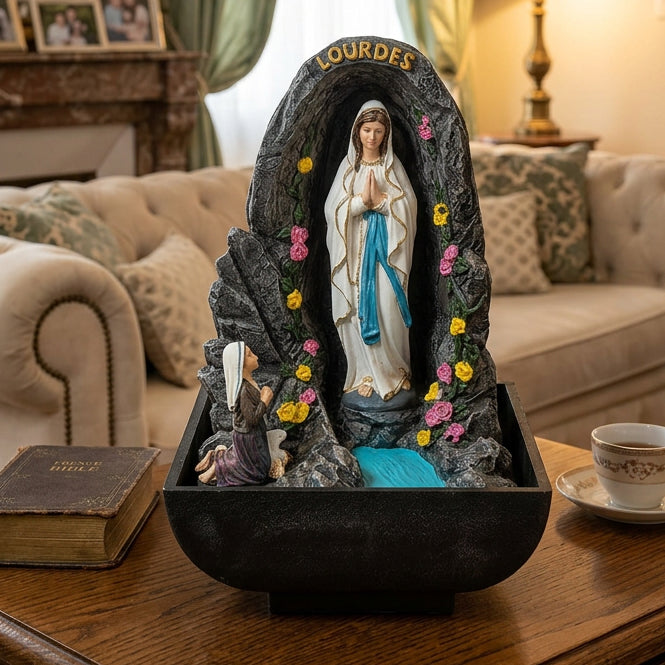 Fontaine de Lourdes – Grotte de la Vierge Marie et Bernadette Soubirous, fontaine religieuse électrique sans LED, prise suisse avec adaptateur nécessaire en France, fabriquée à Lourdes et bénie par un prêtre, hauteur 22 cm