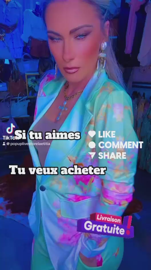ENSEMBLE TAILLEUR LEGER LUXE  MISSY TRUCKSUIT tailleur pantalon femme , blazer cintré avec motif léopard en strass brillants, coupe élégante chic et originale pour cérémonie ou soirée, ensemble 2 pièces premium.