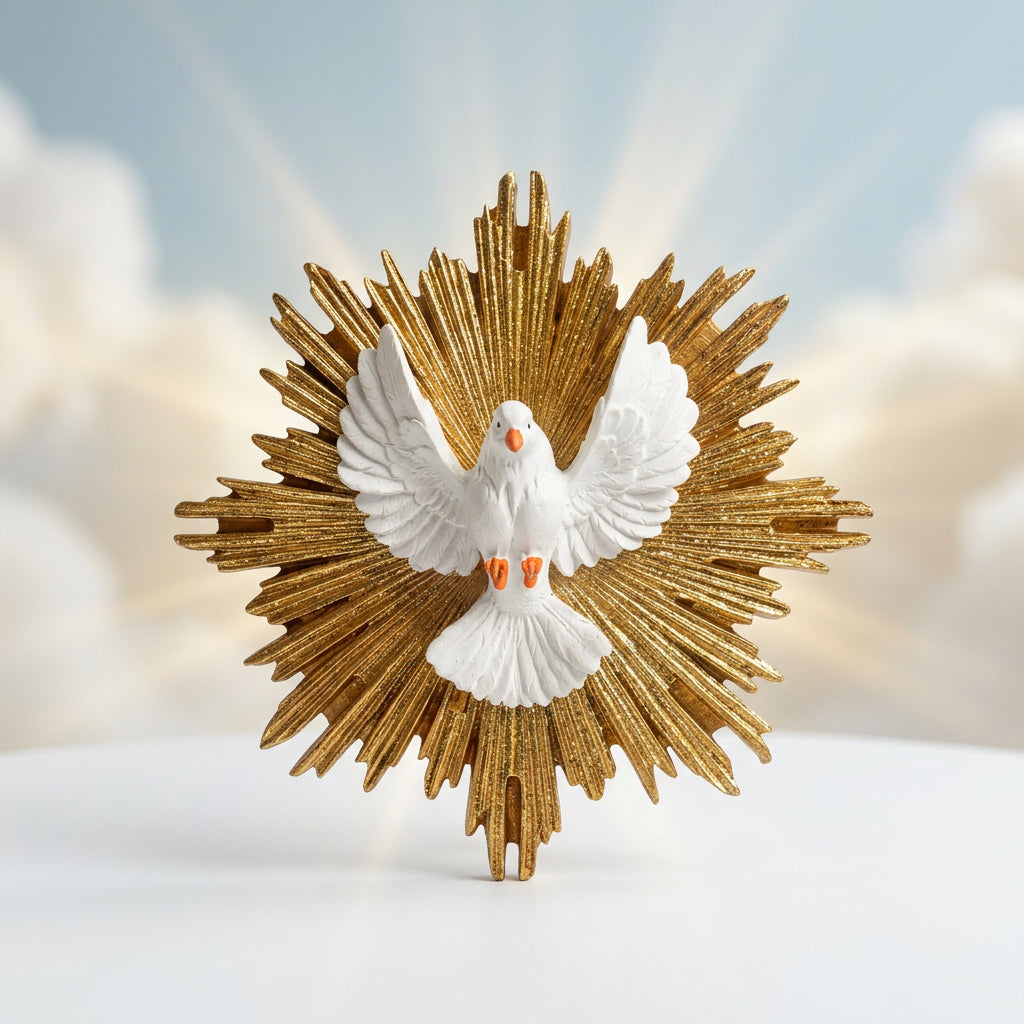 Lourdes Saint-Esprit colombe blanche aux ailes déployées sur rayonnement doré, statue religieuse en résine fabriquée à Lourdes et bénie par un prêtre, tailles 15, 20 et 31 cm pour la prière et la décoration chrétienne