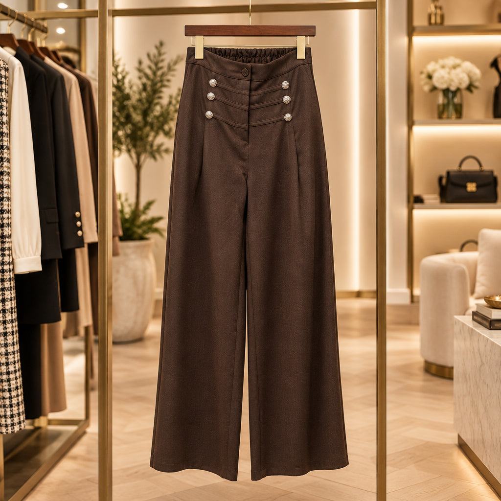 Pantalon marin 49818 – pantalon large femme taille haute à coupe droite fluide et boutons dorés décoratifs sur le devant, style chic facile à porter au quotidien