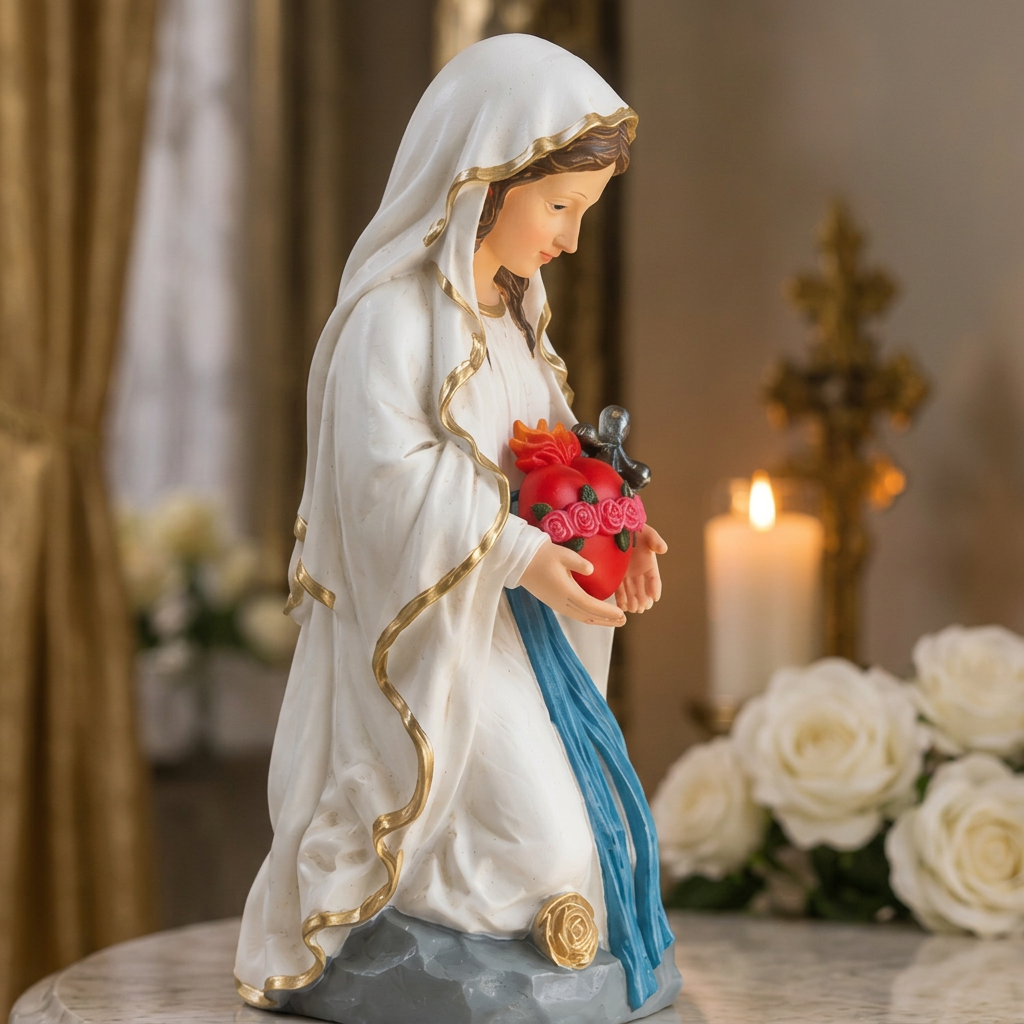 Lourdes Vierge Marie EVT 160 statue religieuse agenouillée de 25 cm en résine au Cœur Immaculé rouge fleuri amovible, voile blanc aux finitions dorées, décoration catholique pour la prière et le recueillement