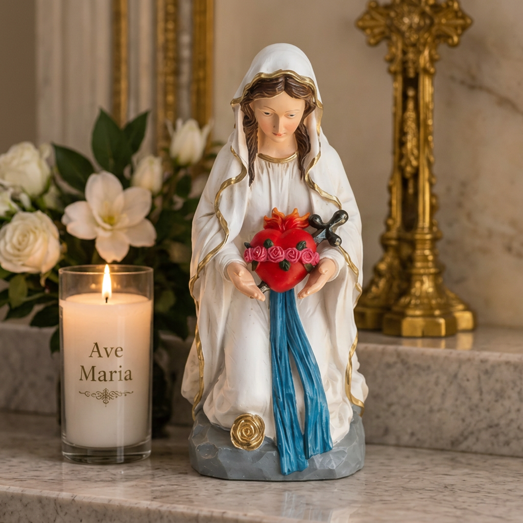 Lourdes Vierge Marie EVT 160 statue religieuse agenouillée de 25 cm en résine au Cœur Immaculé rouge fleuri amovible, voile blanc aux finitions dorées, décoration catholique pour la prière et le recueillement