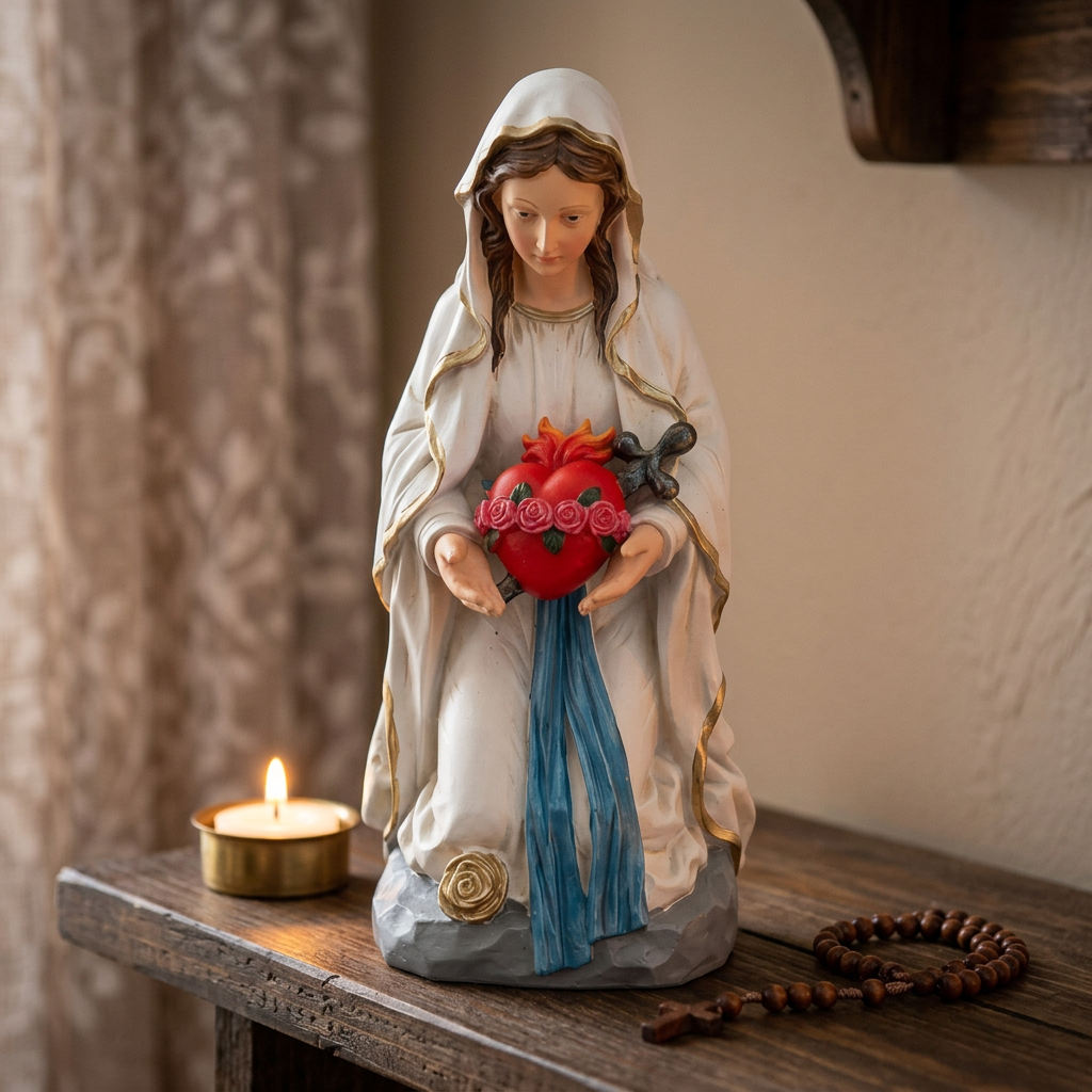 Vierge Marie Cœur Immaculé en résine vues studio et détail