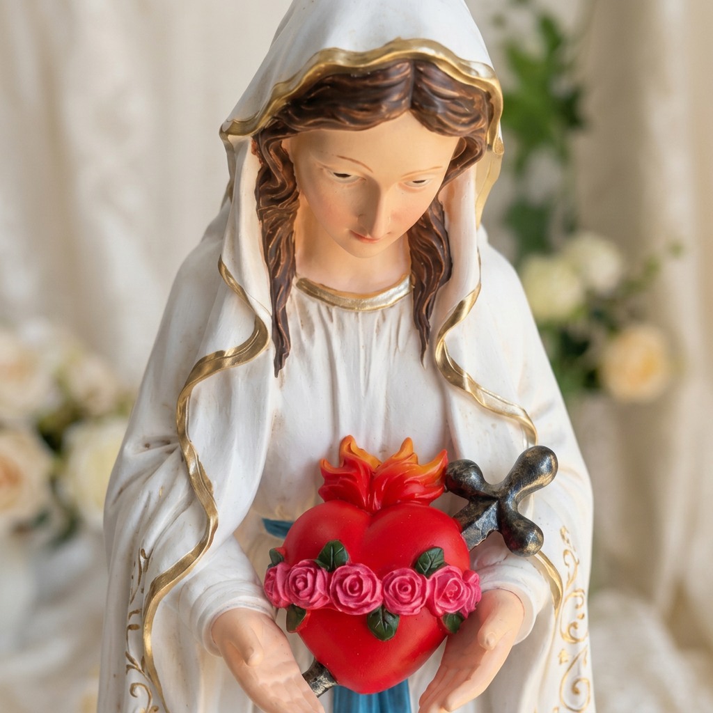 Lourdes Vierge Marie EVT 160 statue religieuse agenouillée de 25 cm en résine au Cœur Immaculé rouge fleuri amovible, voile blanc aux finitions dorées, décoration catholique pour la prière et le recueillement
