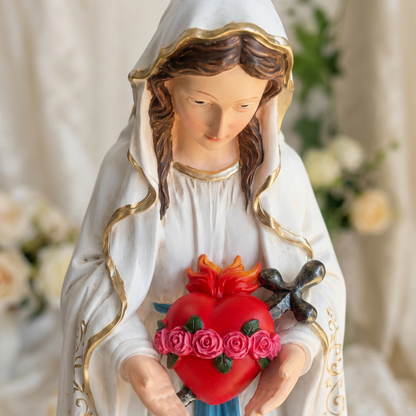 Lourdes Vierge Marie EVT 160 statue religieuse agenouillée de 25 cm en résine au Cœur Immaculé rouge fleuri amovible, voile blanc aux finitions dorées, décoration catholique pour la prière et le recueillement
