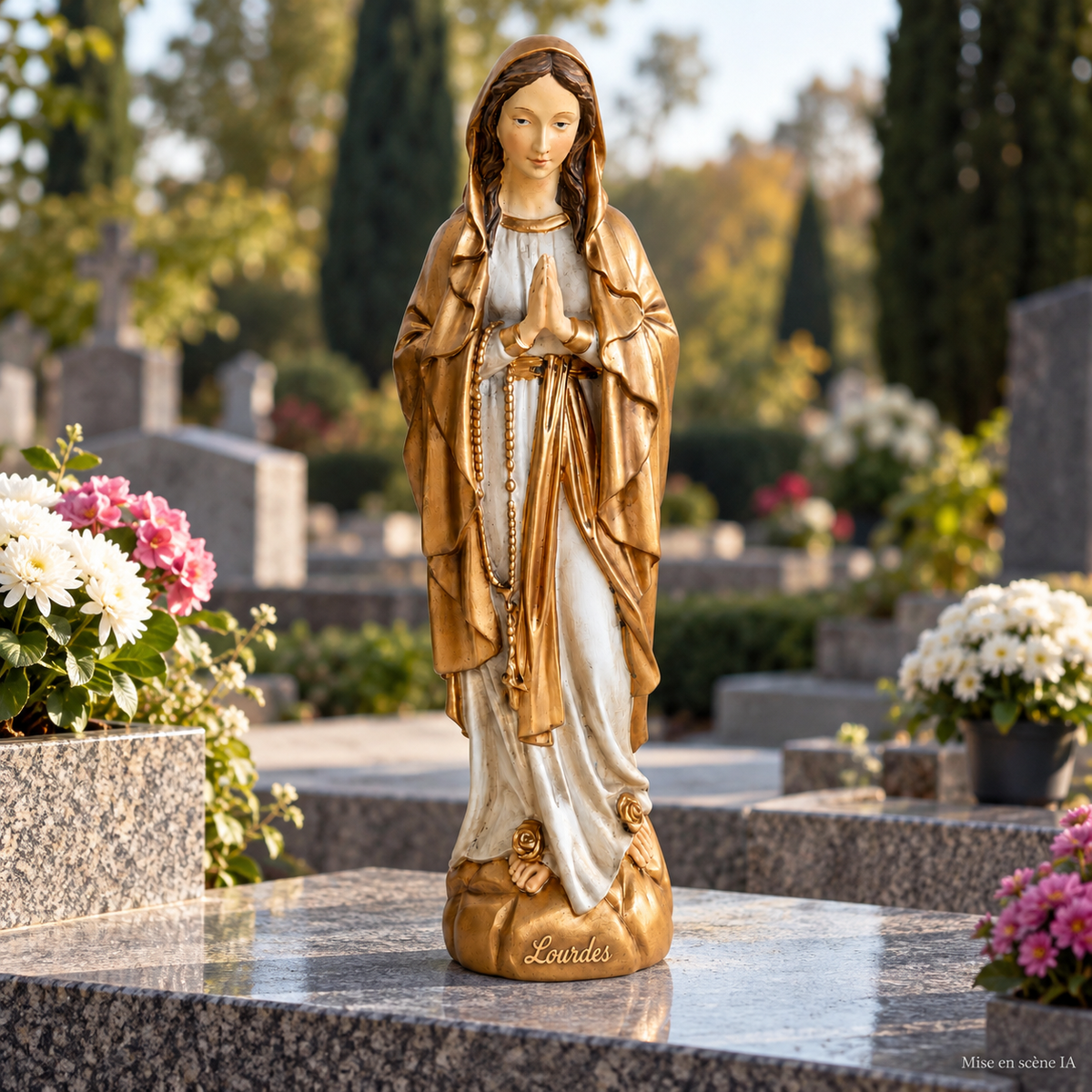 Vierge dorée — fond blanc — retouche IA