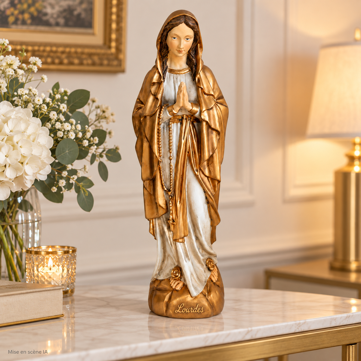 Vierge dorée — maison — retouche IA