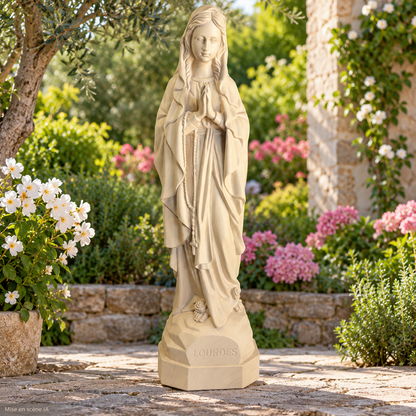 Vierge effet bois — jardin — retouche IA