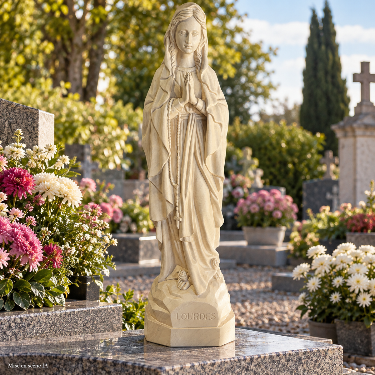 Vierge effet bois — cimetière — retouche IA